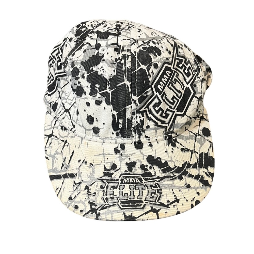 MMA Elite Baseball Hat Mens S/M White Black Splatter Print Graphic Flex Fit Cap